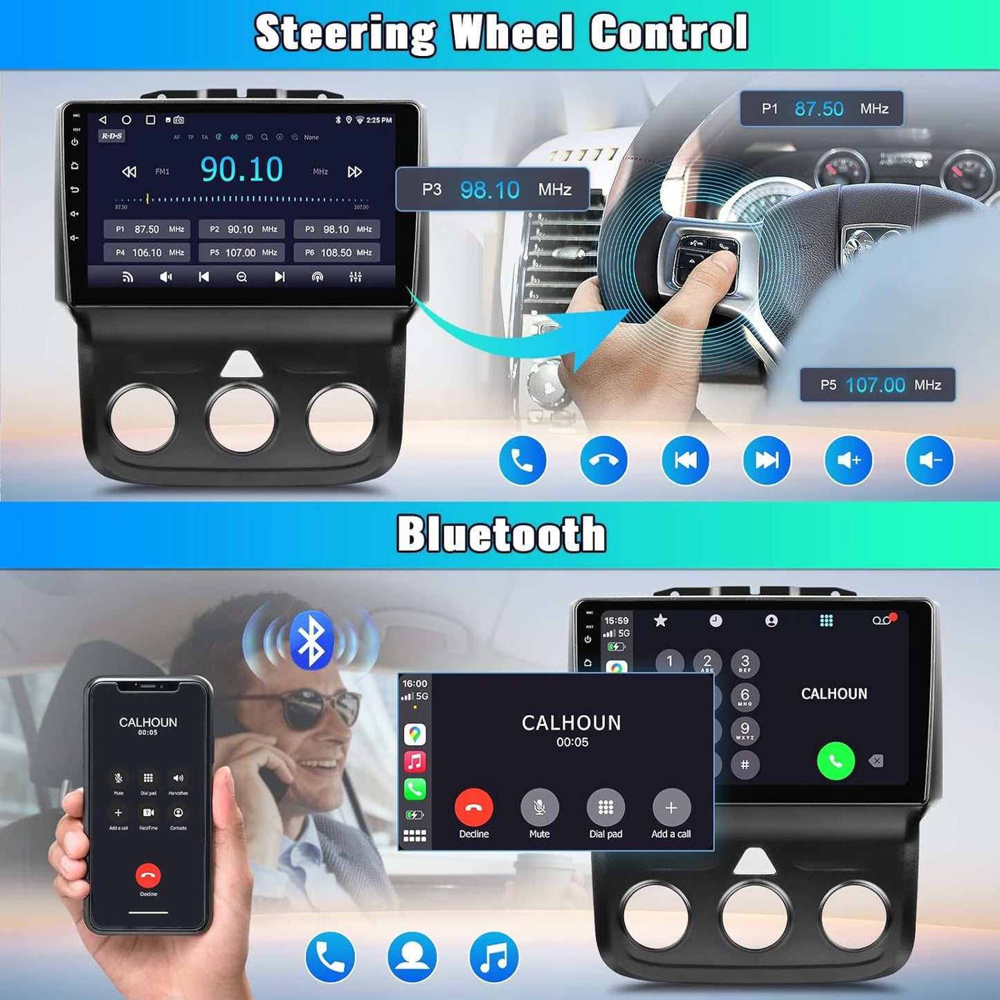 Car Radio Stereo for Dodge Ram 1500 2500 3500 2013-2018 with Manual A/C, Wireless CarPlay & Android Auto, 9 inch Touch Screen Android 15 4-Core 2G+32G, Bluetooth, GPS, SWC, FM/AM