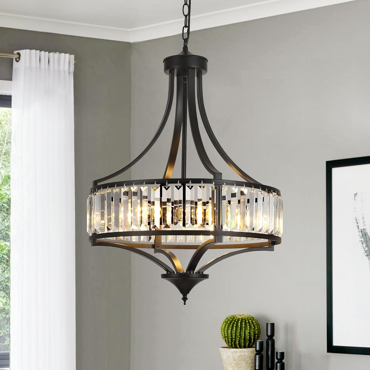 20' Modern Farmhouse Crystal Chandeliers for Dining Room, 5-Light Black Antique Pendant Chandelier, Contemporary Hanging Light Fixture for Living