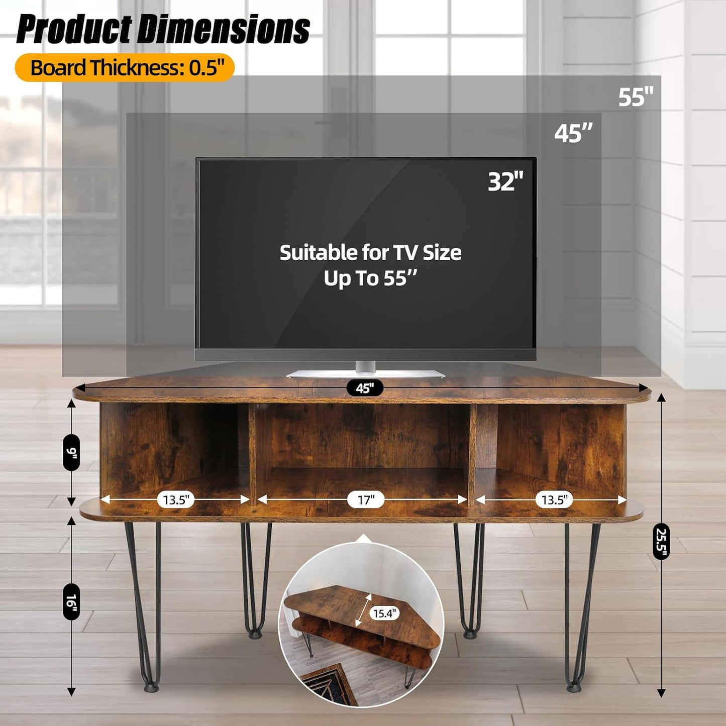 Corner TV Stand with 3 Open Divided Storage, Corner TV Console with Metal Feet and Anti-Slip Pads, Corner Entertain