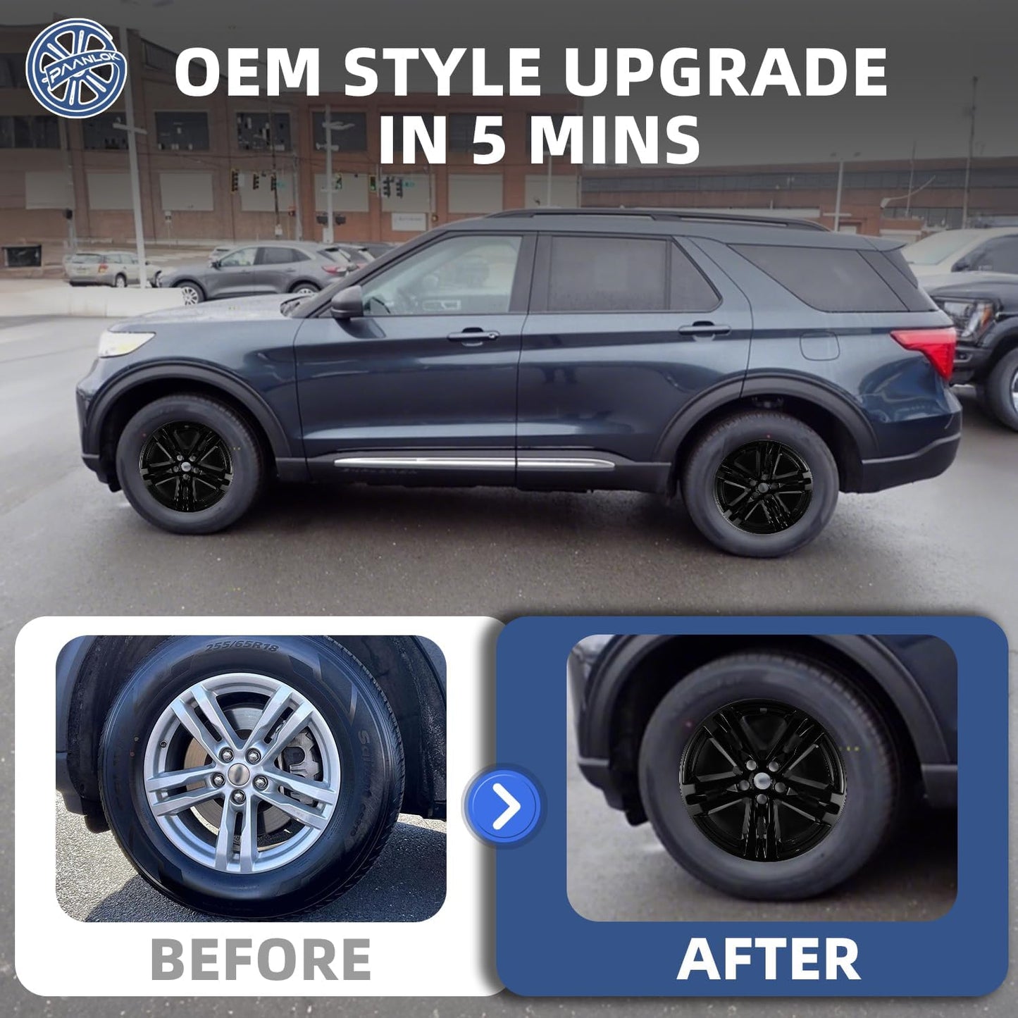 18 Inch Wheel Skins for 2020-2024 Ford Explorer, Fits OEM#LB5Z-1007-A Alloy Wheels, Snap-On Design, 5 Double Spoke, Direct Replacement Gloss Black ABS Wheel Covers 4-Pack