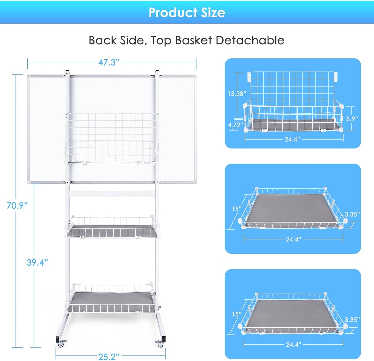 maxtek Rolling Whiteboard, 48x32 Large Magnetic White Board with Stands, Big White Board Dry Erase on Wheels with Baskets for Classroom, Office,