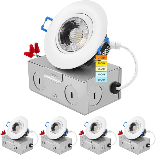 LUXRITE 3 Inch Gimbal LED Recessed Light with Junction Box, 5CCT Color Selectable 2700K-5000K, Dimmable Adjustable Eyeball Swivel Lights, 600 Lumens,