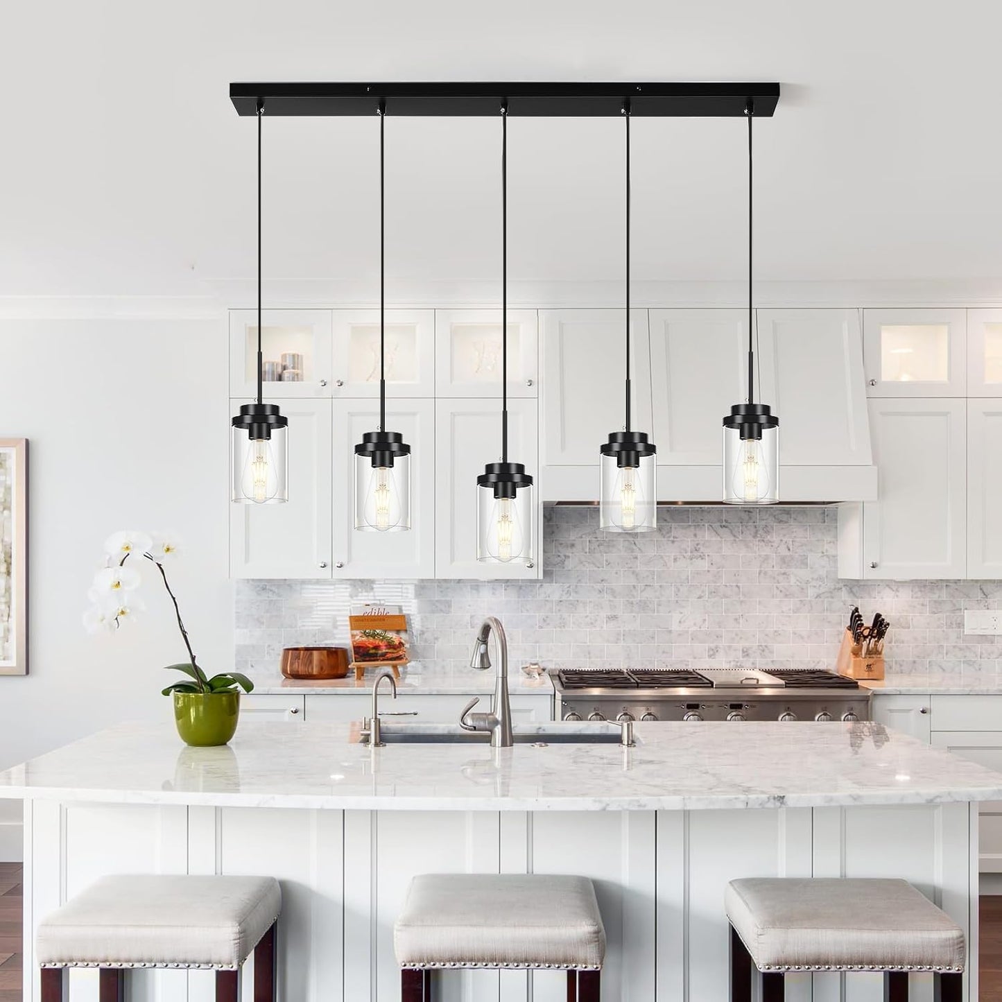 Kitchen Island Lighting Modern 5 Lights Linear Chandeliers Industrial Black Pendant Light Fixtures Ceiling Hanging with Clear Glass Shade for Modern