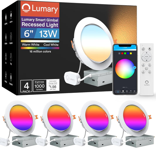 Lumary Smart Gimbal Recessed Lighting 6 Inch Max, 2.4GHz Wi-Fi Led Recessed Lights, CCT & RGB Downlight, Canless Color Changing Lights, 13W 1000lm