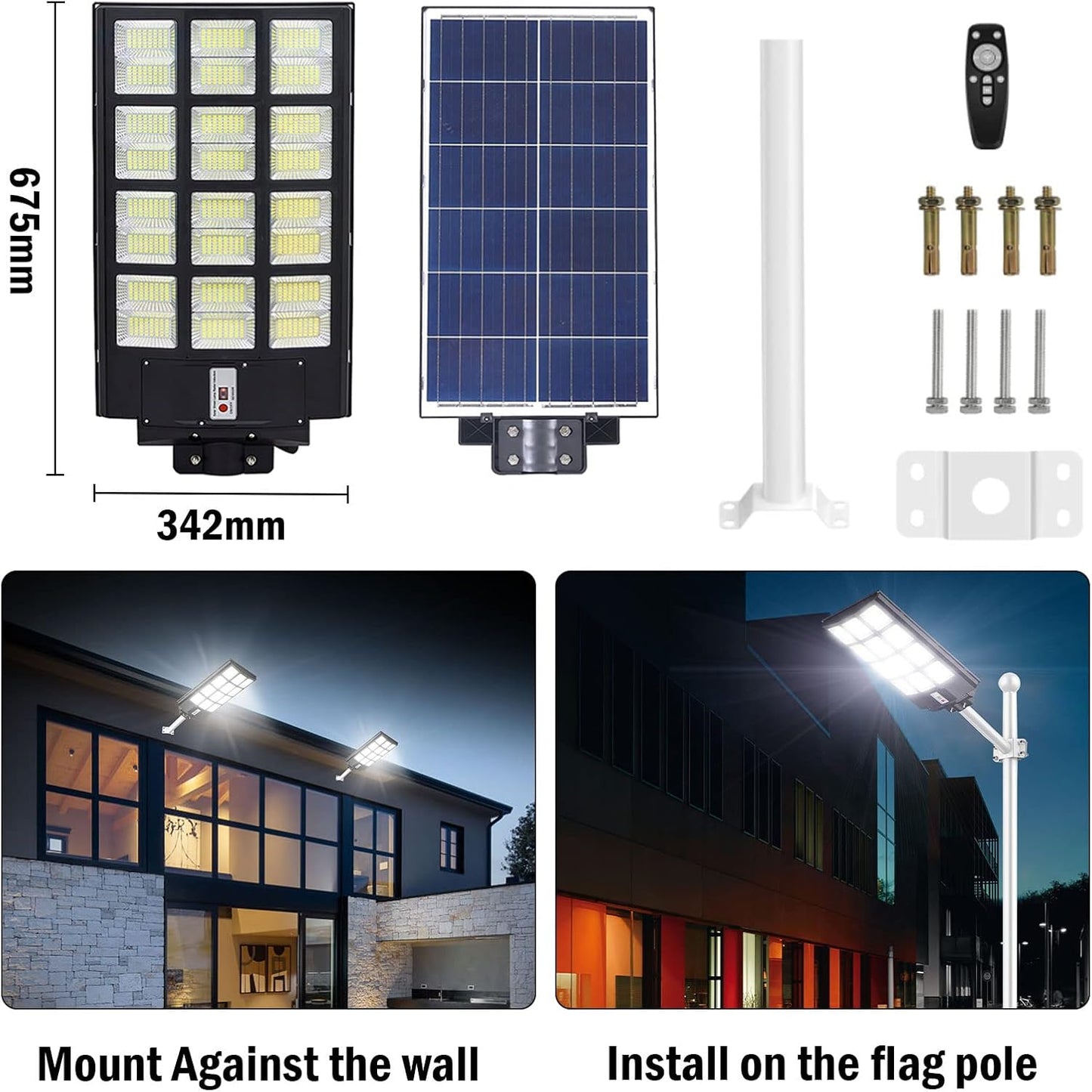 1000W Solar Street Lights Outdoor, Motion Sensor Led Solar Outdoor Lights with Remote Control & Arm Pole, 7000K 100000LM IP66 Waterproof Dusk to Dawn