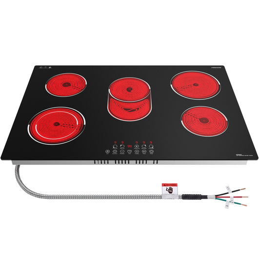 FIREGAS 30 Inch Electric Cooktop 5 Burners, Built-in Ceramic Stove Top with Matte Glass & Touch Control, 30" Radiant Electric Cooktop with Dual Ring & Oval Zone, Timer, Child Lock, 220-240V Hardwired