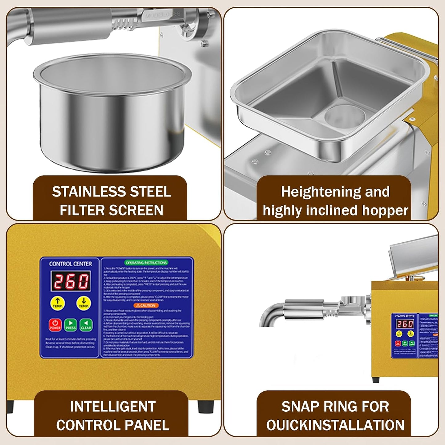 1800W Automatic Seed Oil Press Machine, Hot and Cold Extraction | Stainless steel, 11-20 lb/h output, 104-572°F control for home and commercial use with peanuts, sesame, soybeans and walnuts