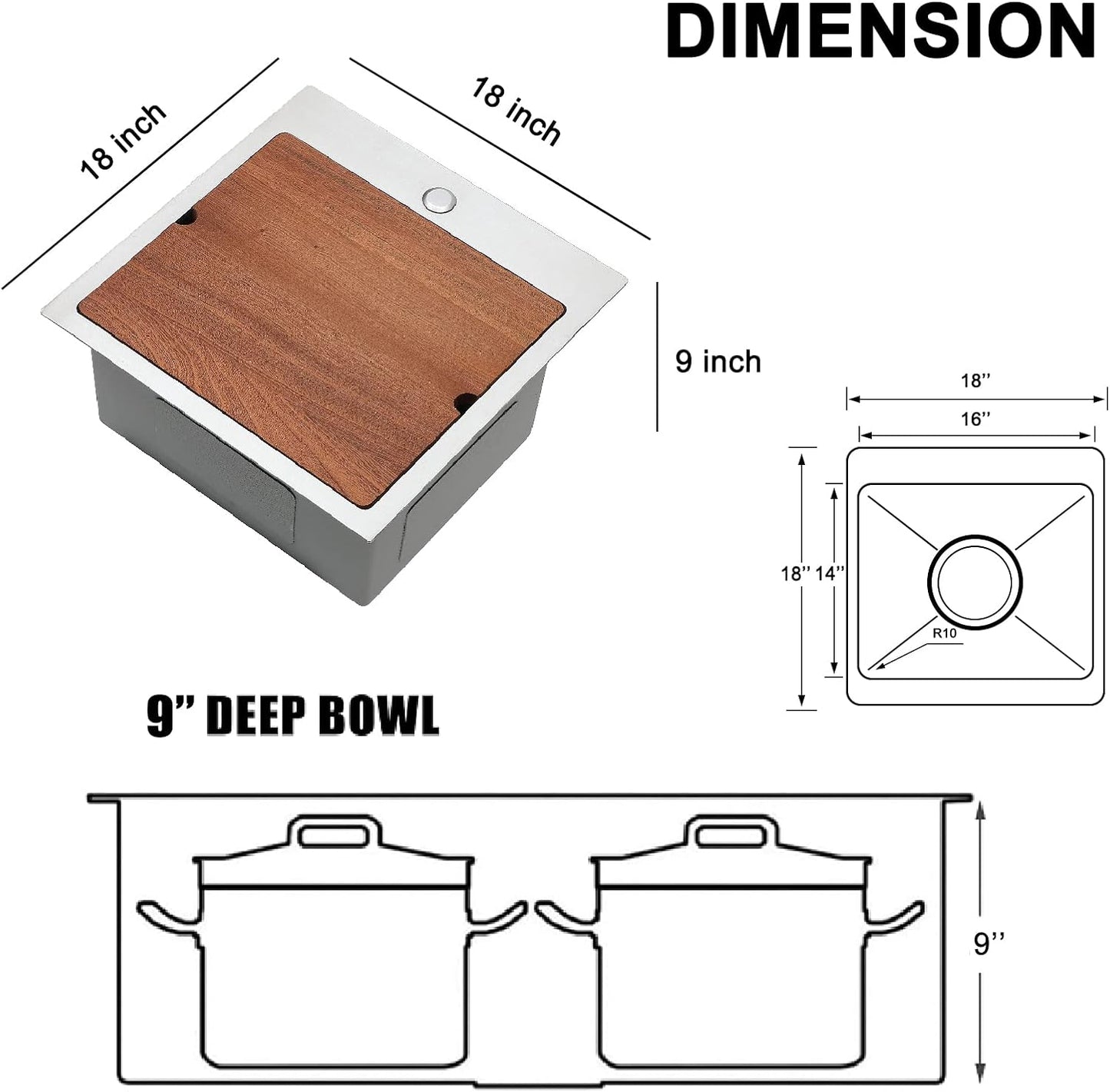 UFaucet 1818 Inch Drop in Bar Sink, Top Mount 18 Inch Small Kitchen Sink, Stainless Steel Single Bowl Topmount RV Prep Laundry Workstation Sink