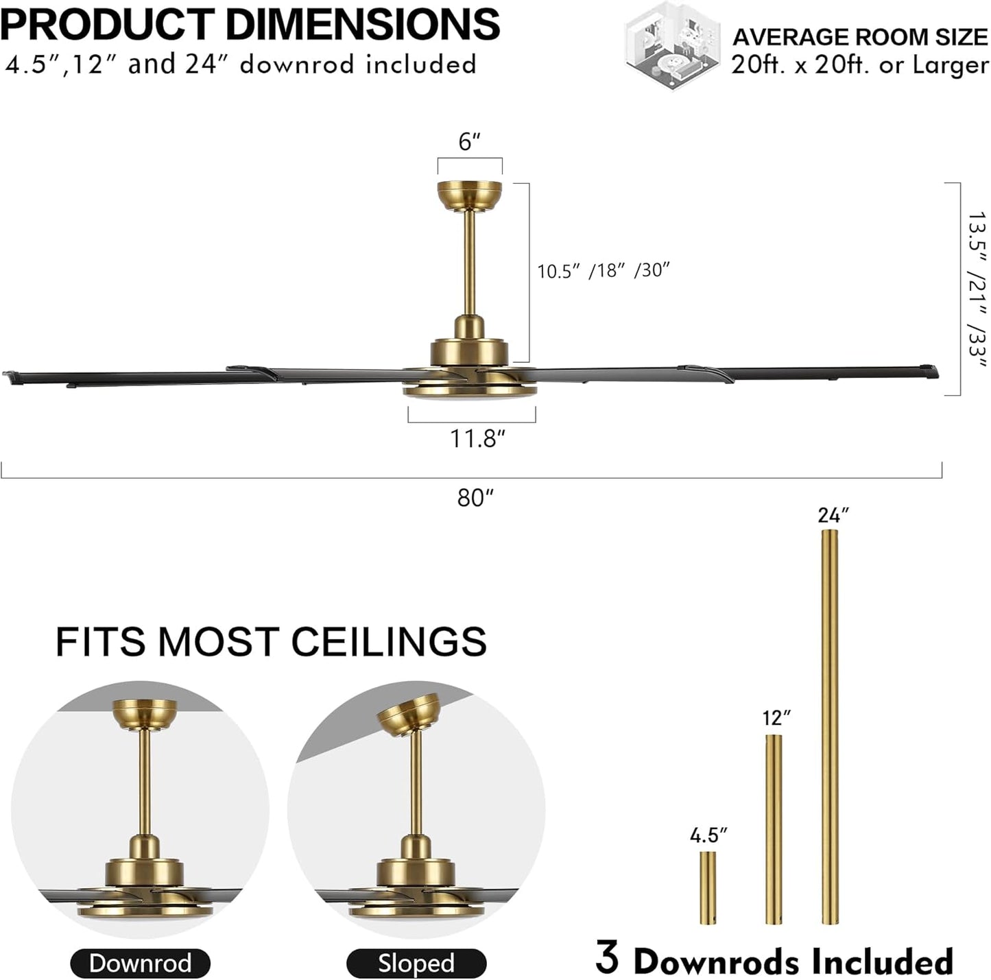 80' Ceiling Fan with Lights and Remote, Brass and Black Ceiling Fan with 3 Downrod, 8 Aluminum Blades, 6-Speed Reversible DC Motor, Industrial Larg