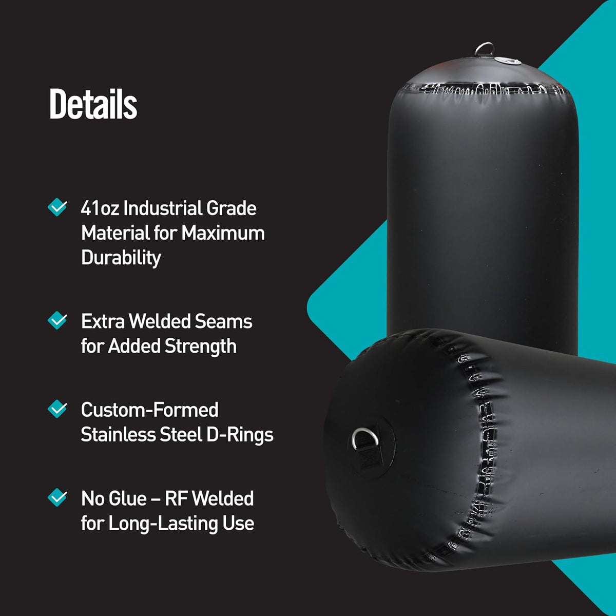 Inflatable Cylinder Boat Fenders – 41oz Industrial Material, RF Welded, Stainless Steel D-Rings – Durable Fenders for Boats, Yachts & Sailboats 18" x 42"