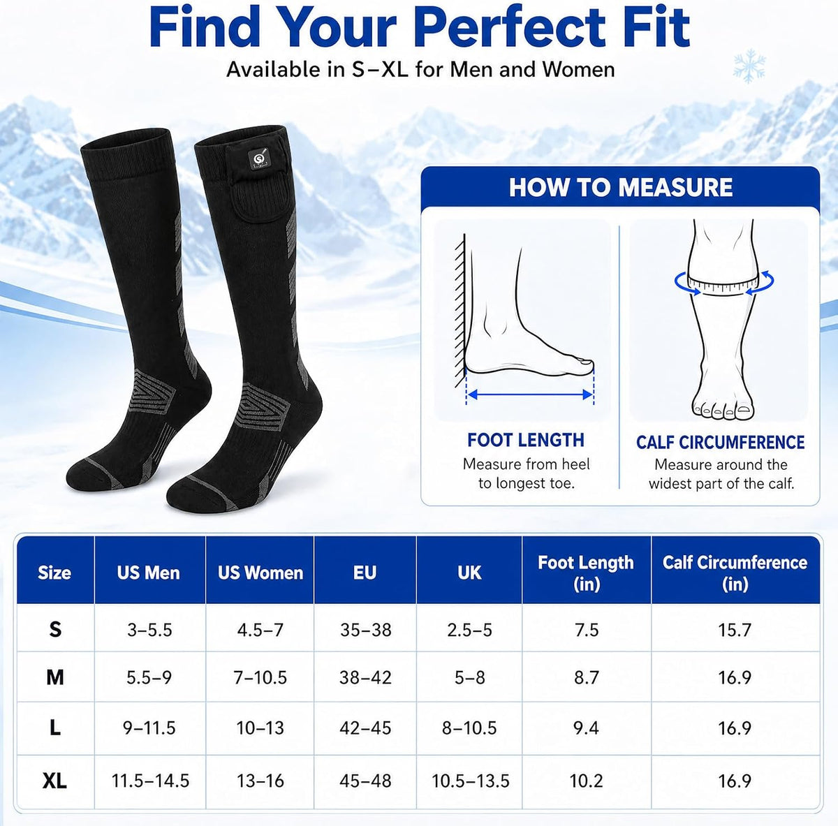 Sun Will Heated Socks for Men Women, 3 Heat Settings, USB Rechargeable Black Medium