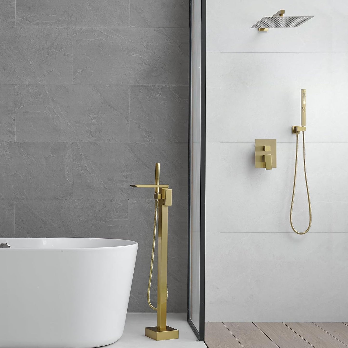 Brushed Gold Bathtub Filler Freestanding Tub Filler Floor Mount Tub Faucet Waterfall Bathtub Faucet with CUPC Certified