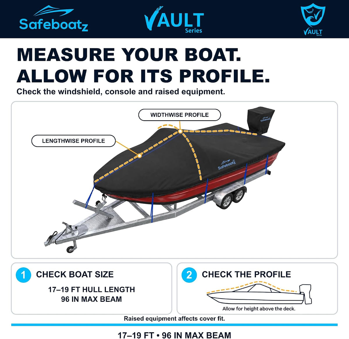 Boat Covers 17-19ft, Safeboatz Vault Series, 11-Point Metal S-Hooks, 96"