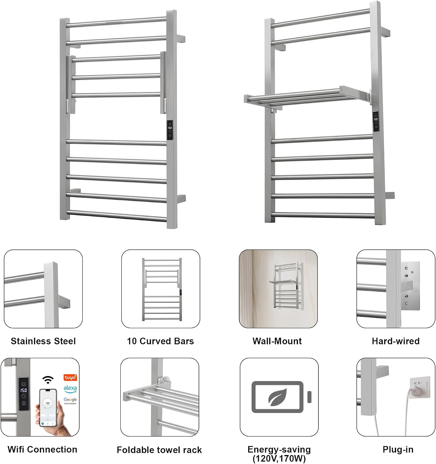 Heated Towel Warmer Rack Electric Bathroom with Voice Control Alexa & Google Home,TUYA Wall-Mounted,Stainless Steel,31.5x19.69x11.61in,Foldable Storage,Plug-in,Brushed,10 Bars 10 Bar Brushed With Wifi & Shelf