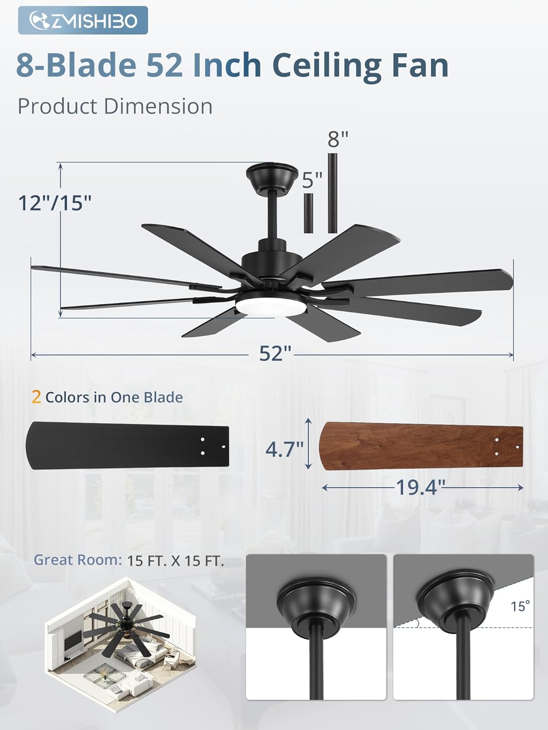 ZMISHIBO 52 inch Ceiling Fan with Light and Remote, 8 Blades Ceiling Fans with 20W LED Light, Quiet DC Motor, 6 Speeds, Stepless Color Temperature Change & Dimmable, for Bedroom Living Room, Black Black 52 Inch