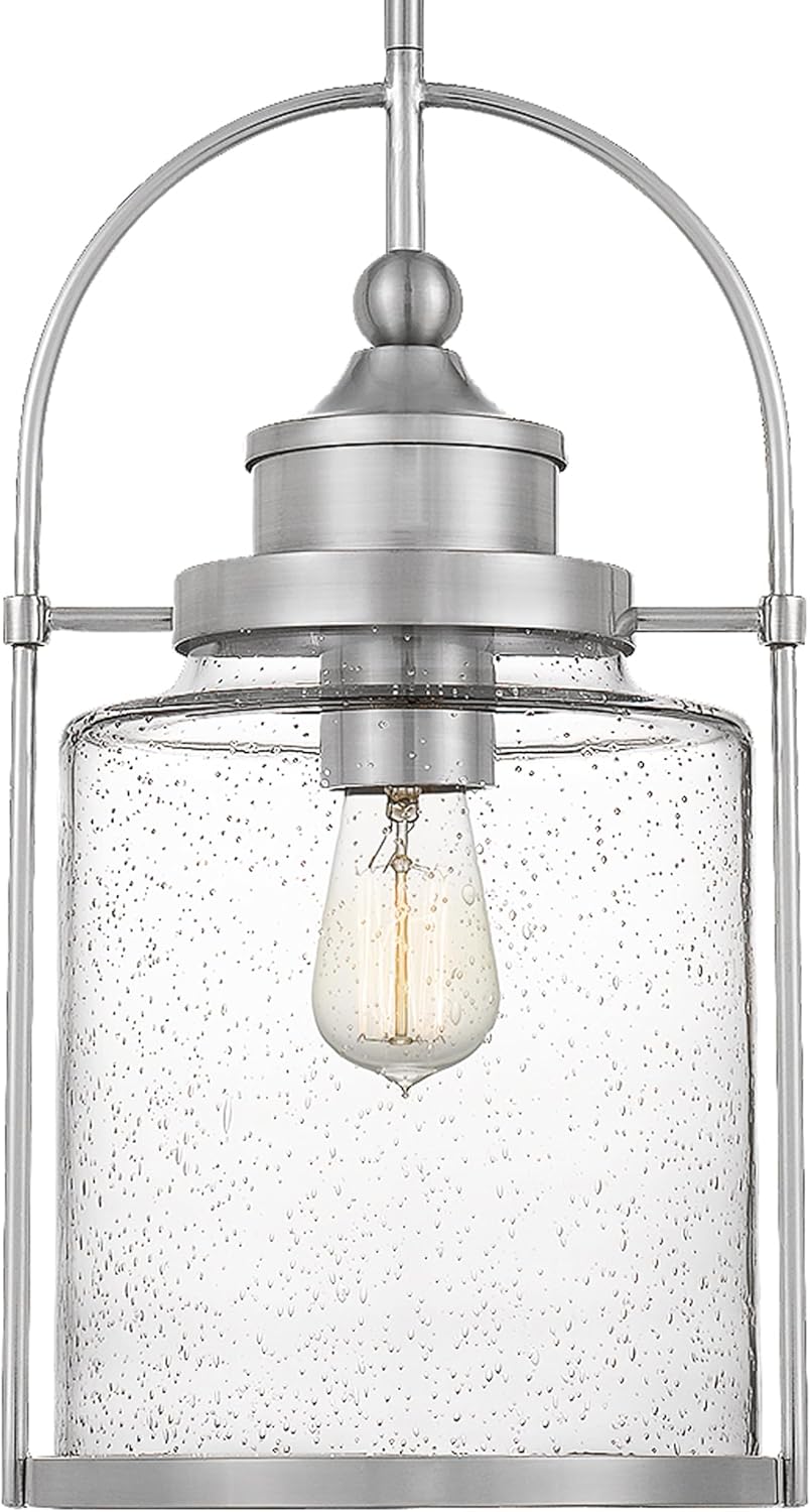 Mini Pendant Light, 10 Inch 1-Light Brushed Nickel, Clear Seeded Glass Pendant Light, Max Hanging Height 59"