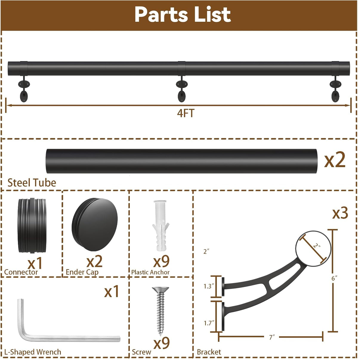 Bar Foot Rail Kit 4ft / 6ft / 8ft - Stainless Steel Complete Wall Mounted Bar Foot Rest - Matte Black Foot Rail System with Tubing, Wall Brackets, End Caps & Internal Connector