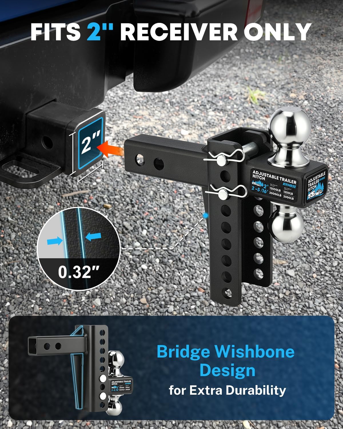 Kohree Adjustable Trailer Hitch for 2-Inch Receiver, 22,000 LBS GTW, 6-Inch Drop/Rise Hitch with 2" & 2-5/16" Balls, Anti-Rattle Tow Hitch, Anti-Theft Pin, Heavy Duty G80 Steel Ball Mount, Black