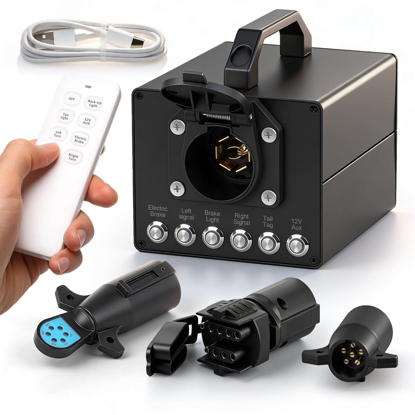 Trailer Light & Electric Brake Tester with 12V 10Ah Battery, Tests 7-Spade, 6-Round and 4/5-Flat Pin Type Trailer Harnesses, Bluetooth App Connection Remote Operation, IP68 Waterproof Case 7-Way Flat (Spade)