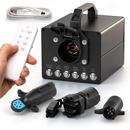 Trailer Light & Electric Brake Tester with 12V 10Ah Battery, Tests 7-Spade, 6-Round and 4/5-Flat Pin Type Trailer Harnesses, Bluetooth App Connection Remote Operation, IP68 Waterproof Case 7-Way Flat (Spade)