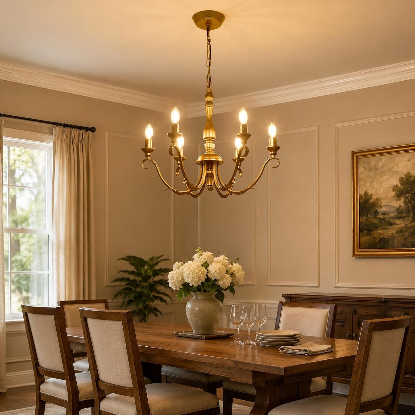 Farmhouse Vintage Antique Brass Chandelier - 6 Light Cottage Rustic Candle Chandeliers - Adjustable Chain Distressed Gold Pendant Lighting Fixture for Dining Room Living Room Kitchen Bedroom Entryway