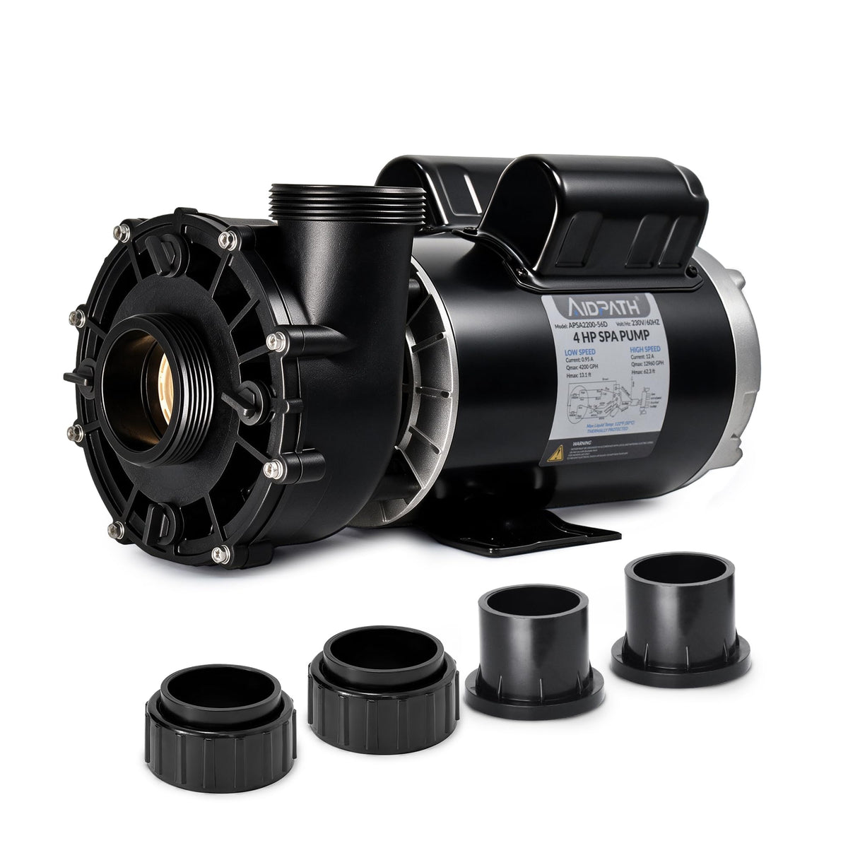 56 Frame 230V, 4HP Dual Speed Hot Tub Spa Pump with 2"&1.5" Adapter