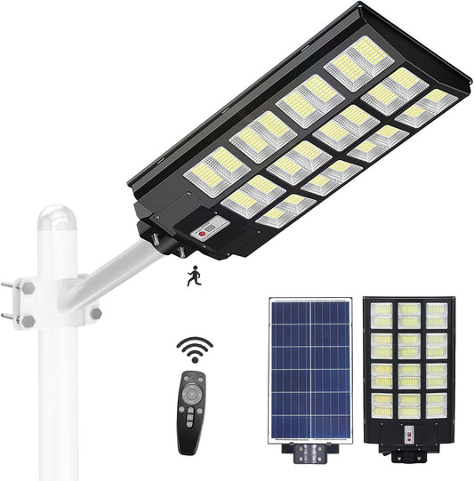 1000W Solar Street Lights Outdoor, Motion Sensor Led Solar Outdoor Lights with Remote Control & Arm Pole, 7000K 100000LM IP66 Waterproof Dusk to Dawn