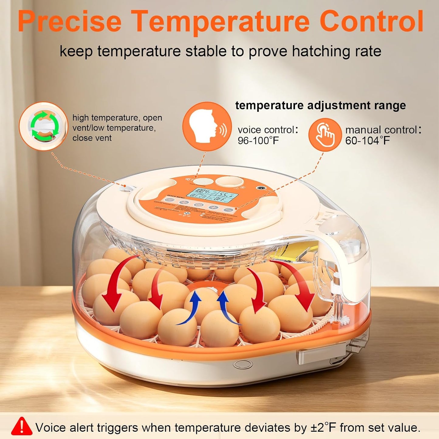 Voice Control Egg Incubator for Hatching 26 Eggs, All-in-One Design | Precise Temp & Humidity Control, 5 Auto Egg Turning Intervals, Egg Candler, Two-Size Egg Trays for Quail, Duck & Goose Eggs