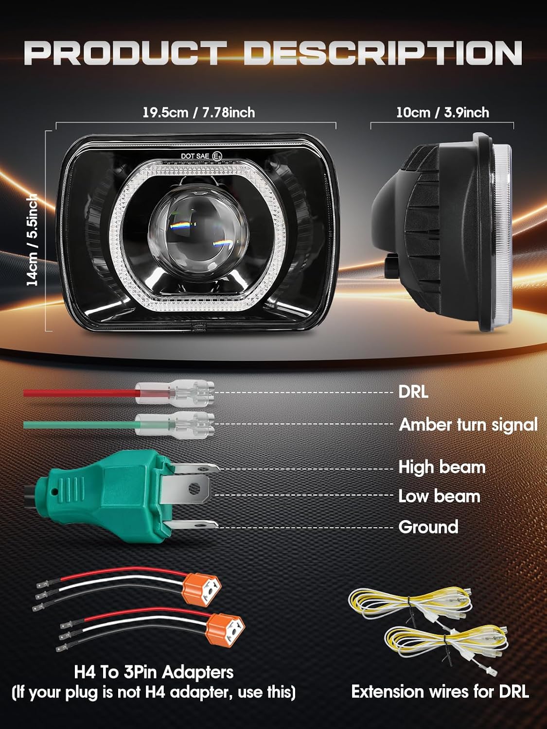 5x7 7x6 Led Headlights H6054 Anti-glare DRL Turn Signal Hi/Low Sealed Beam | "Big Eye" Projector Design w/ 4 Lighting Functions