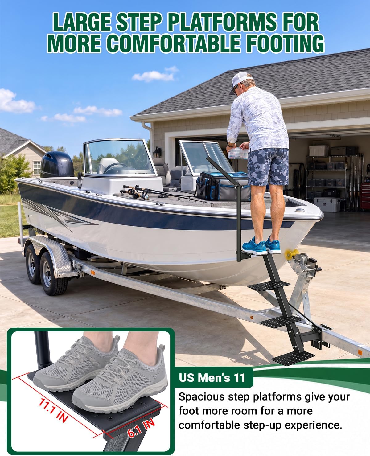 Boat Trailer Steps with Handrail, 4-Step Side Mount Boat Step