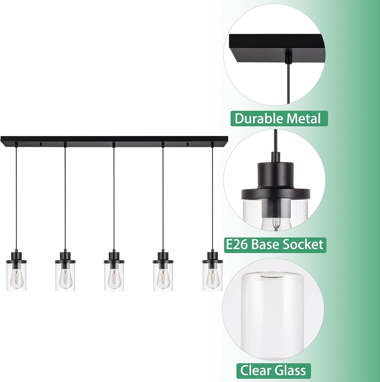 5-Light Pendant Lighting Fixtures with Clear Glass Shades, Farmhouse Flush Mount Industrial Black