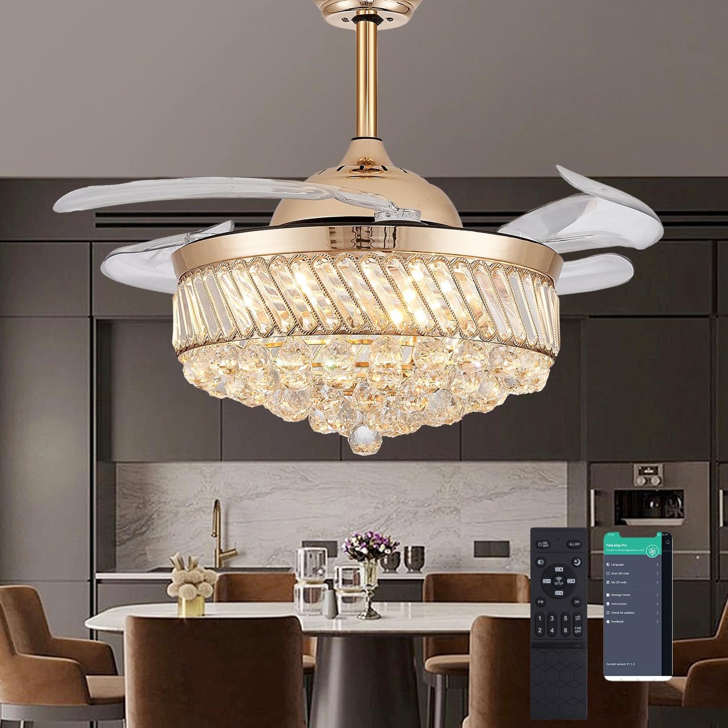 36' Dimmable Gold Fandelier Crystal LED Ceiling Fans with Lights and Remote, Chandeliers Ceiling Fan