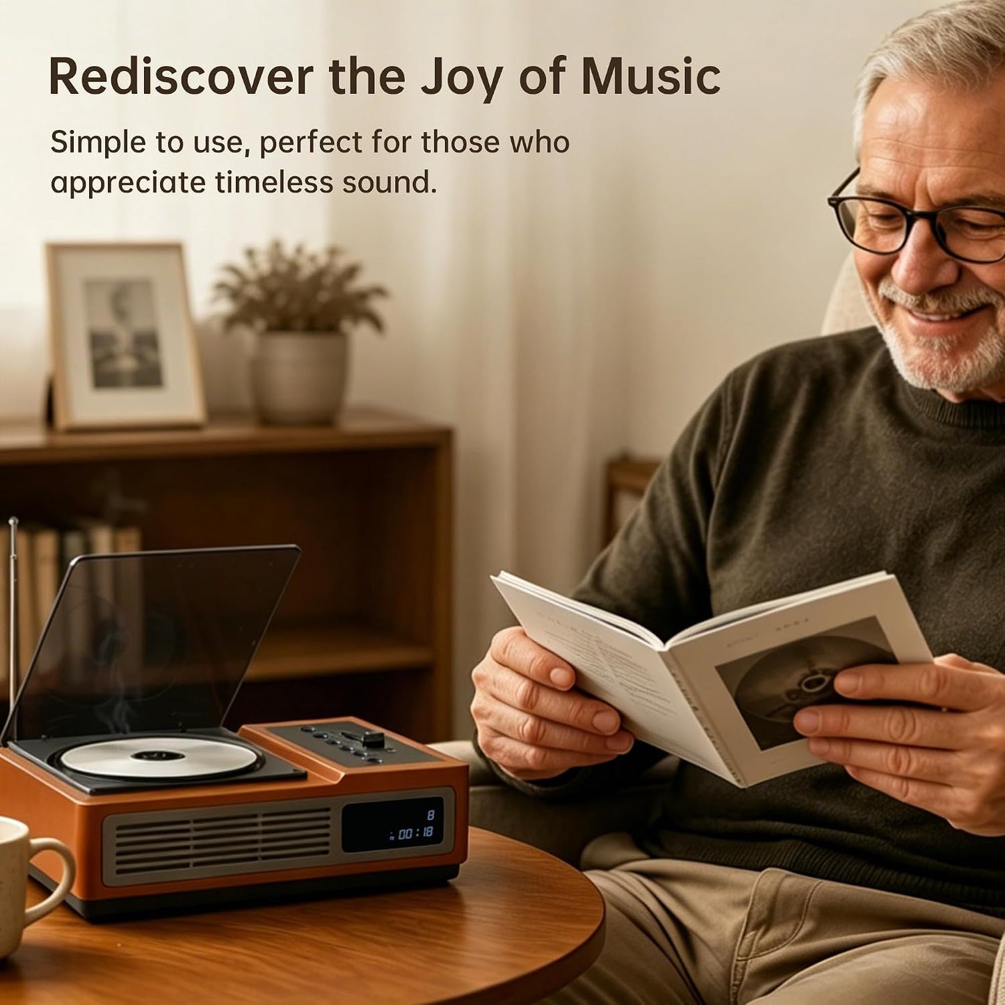 R02 Retro CD Player with FM Radio, Bluetooth 5.3 Transmitter & Receiver, Dual Stereo Speakers, Rechargeable Battery, USB/SD Playback, Home Audio System, Brown