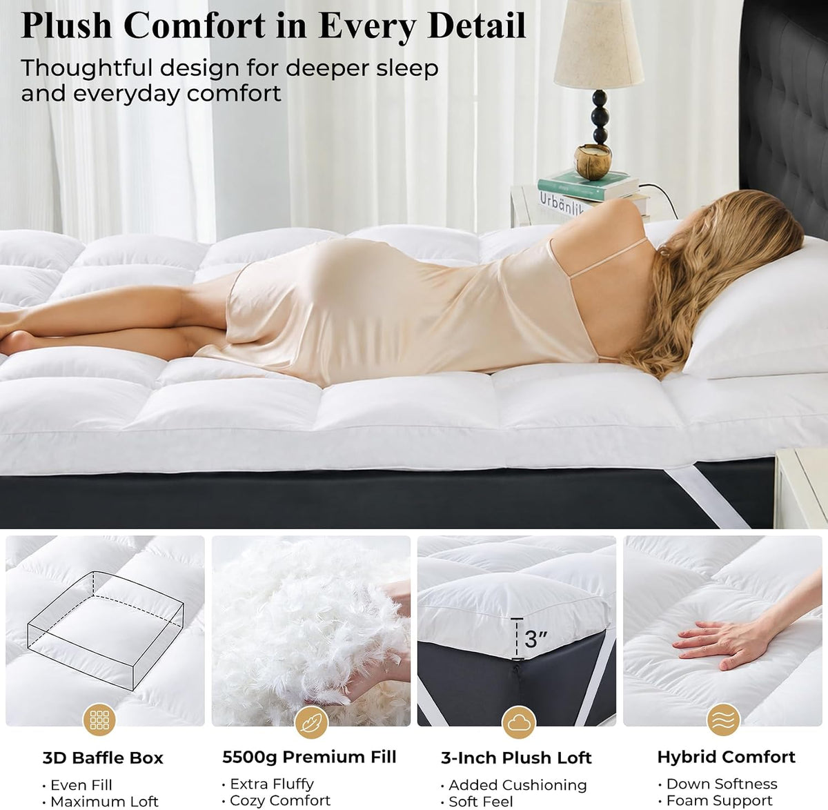 3 Inch Down Mattress Topper Queen, Goose Down & Feather Shredded Memory Foam Feather Bed Mattress Topper, Triple-Layer Downproof Pillow Top, 100% Cotton Cover, Elastic Straps, 60x80 Inch