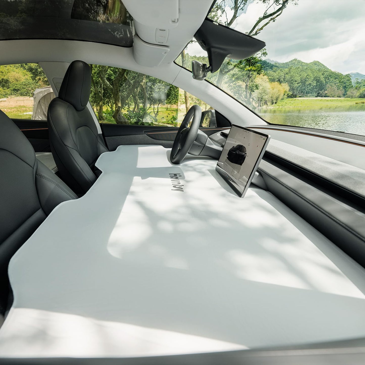 Havnby FlatCore First-Row Foam Mattress for Tesla Model Y/Y L, Front Cabin Car Mattress with Built-in Pump, Custom Leveling Support, Extra Rest Space for Camping Road Trips (Model Y)