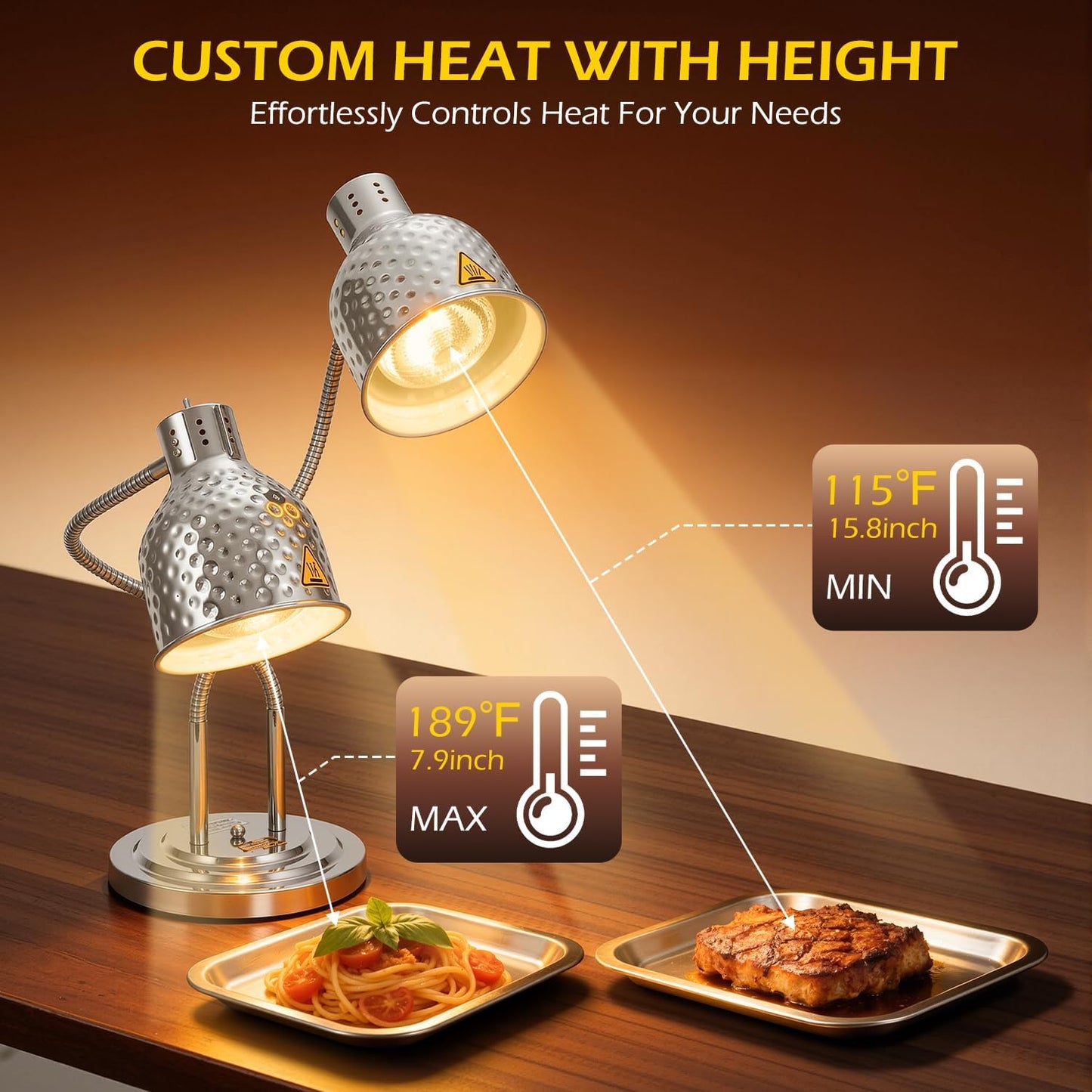Dyna-Living Food Heat Lamp, 500W Dual-Head Commercial Food Warmer Lamp Portable Electric Heat Lamps for Food Adjustable Catering Warming Lights for Buffet Parties Restaurant Kitchen, Silver