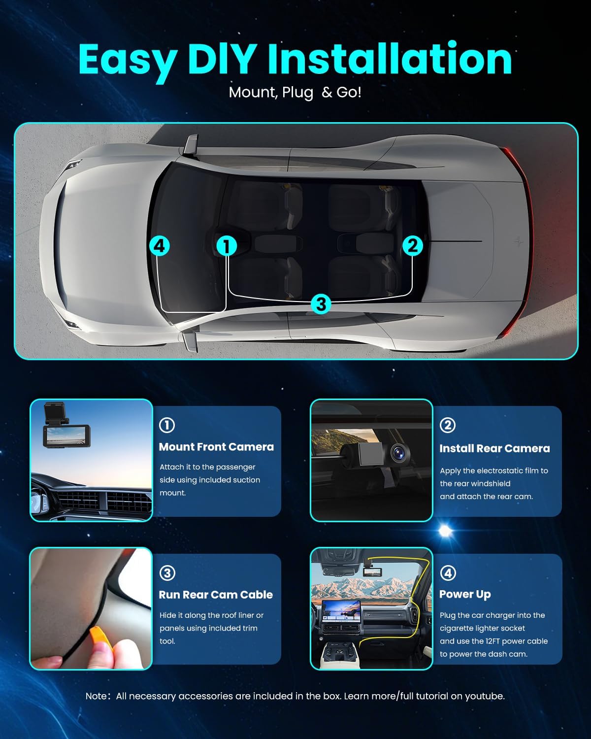 V78 Dash Cam Front 4K Rear 2K w/Dual STARVISB0H3L3NF7X 2 Sensors, Super Night Vision HDR Wireless Small Car Dash Camera, 5.8G WI-FI, 24H Parking Mode, 64G Card Included