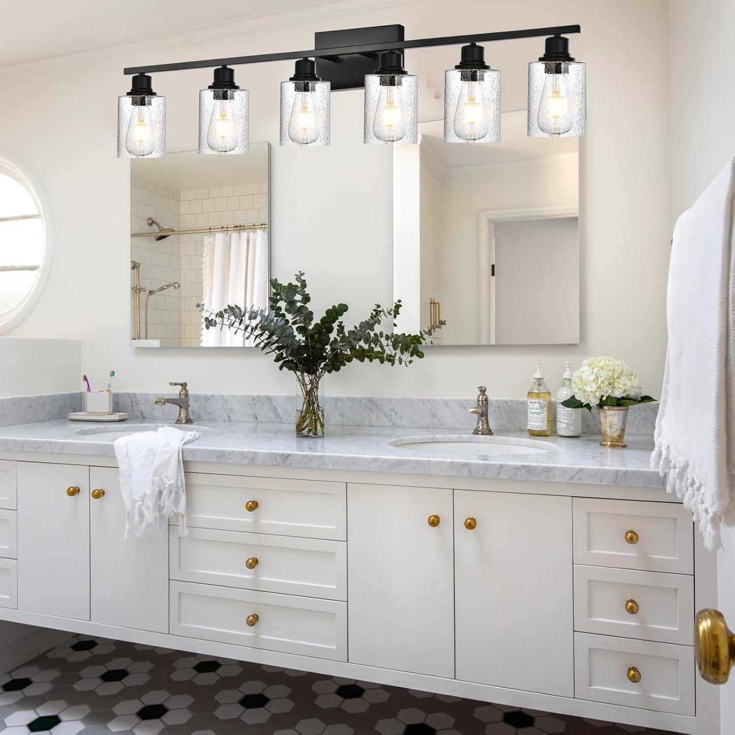 Bathroom Lights Black 6 Light Industrial Vintage Vanity Lighting with Clear Seeded Glass,Modern Bath Porch Wall Light F