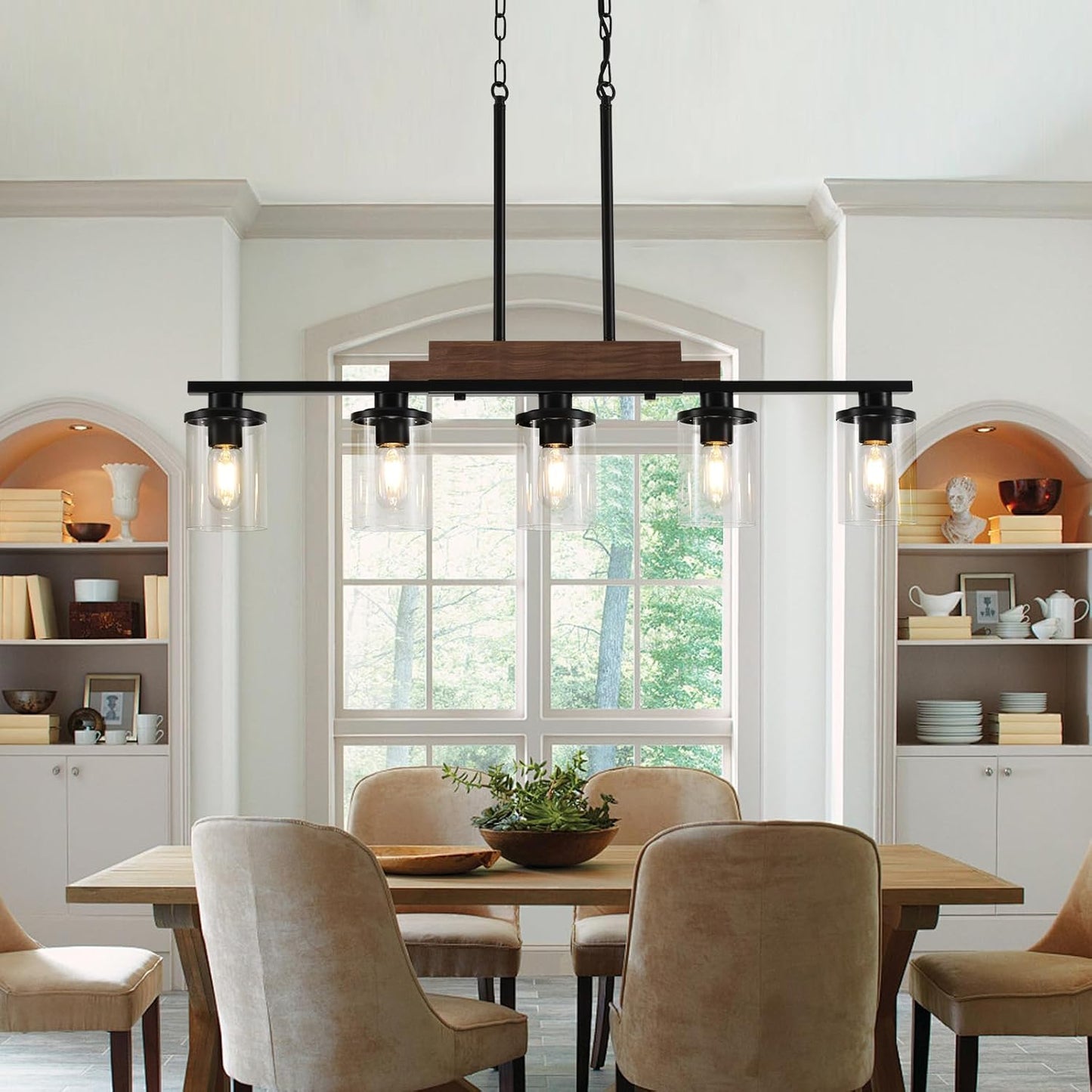 Dining Room Light Fixture Over Table,Farmhouse 5-Light Kitchen Island Lighting, Linear Chandelier with Clear Glass Shades, Moder