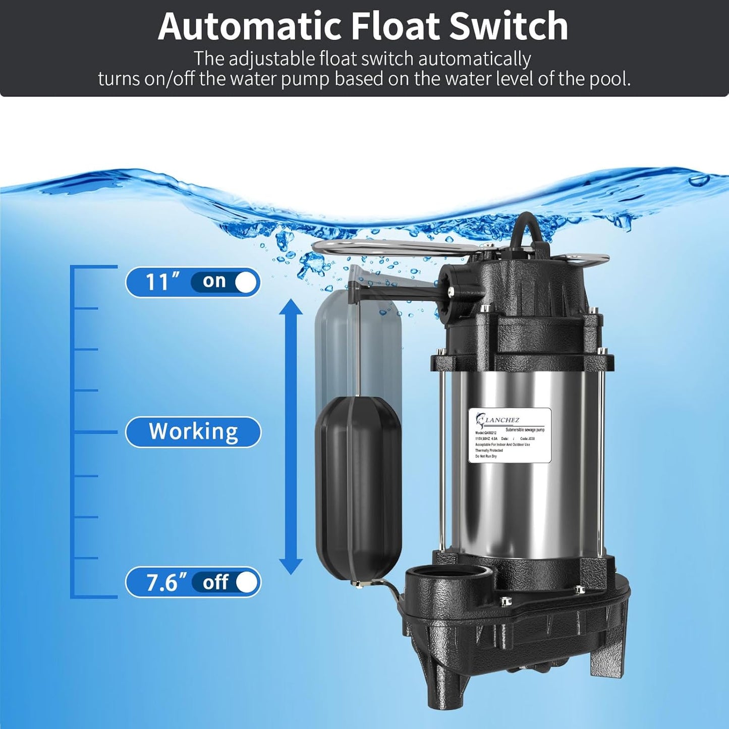 1/2HP Cast Iron and Stainless Steel Sump Pump with Vertical Float Wwitch, 115V 4440 GPH Submersible Sewage/Effluent Pump, H