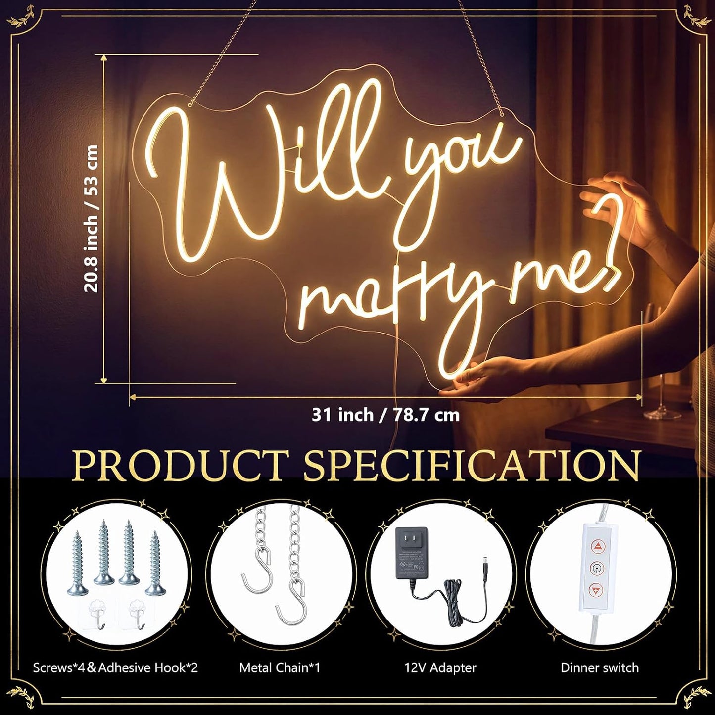 Will You Marry Me Neon Sign 31" x 20.9" LED Light Up Letters | Acrylic Sign for Wedding Proposal Marriage, Engagement Party, Valentine's Day Wall Decor, Warm White Dimmable Neon Light Warm White 31" x 20.9"