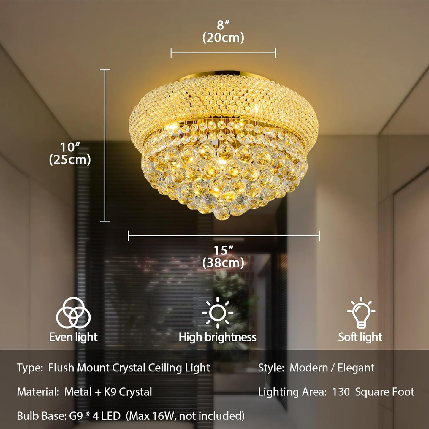 Crystal Ceiling Light Fixture Modern Round Crystal Chandelier Flush Mount Ceiling Light for Living Room Dining Room Kitchen Bathroom Bedroom Entryway