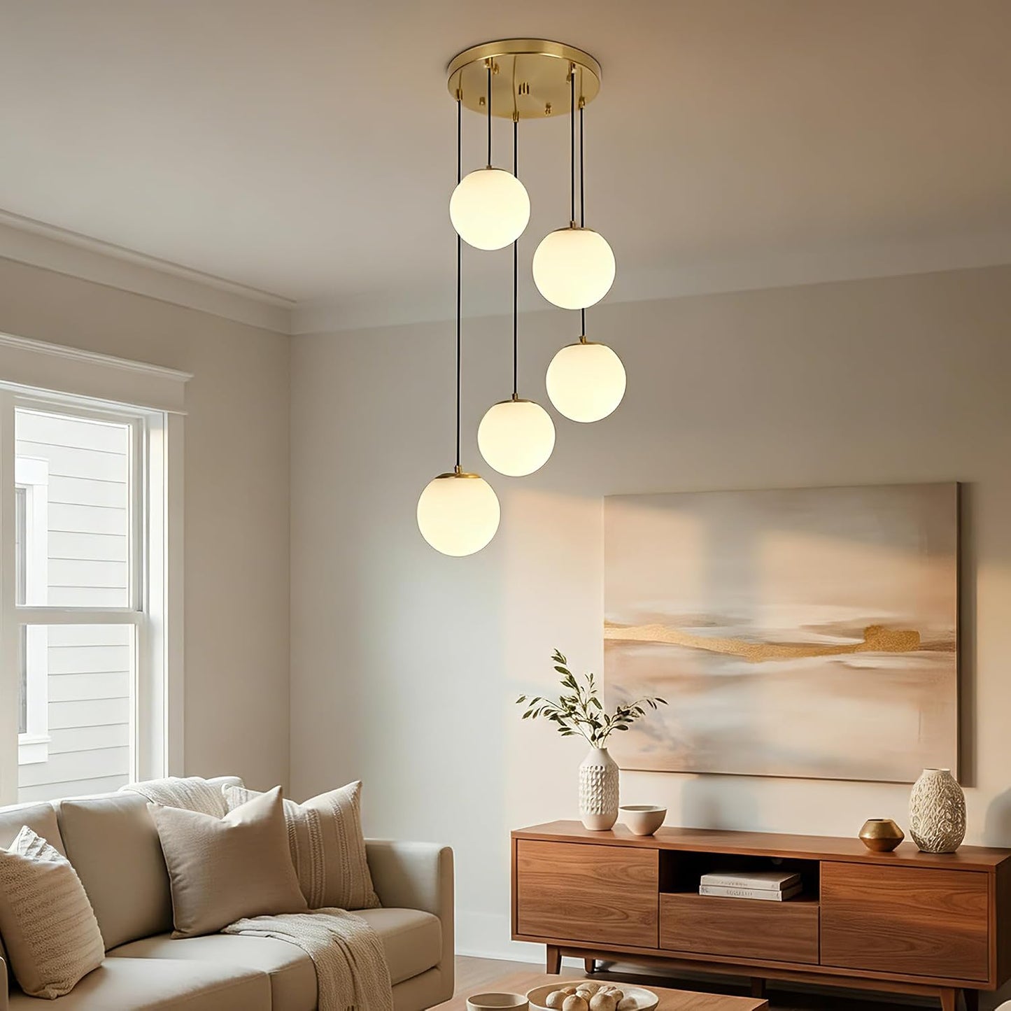 5-Light Globe Cluster Mid Century Modern Chandelier for Dining Room | Brushed Gold Finish, Milk White Glass Pendants, Adjustable Height, for Staircase Kitchen Island