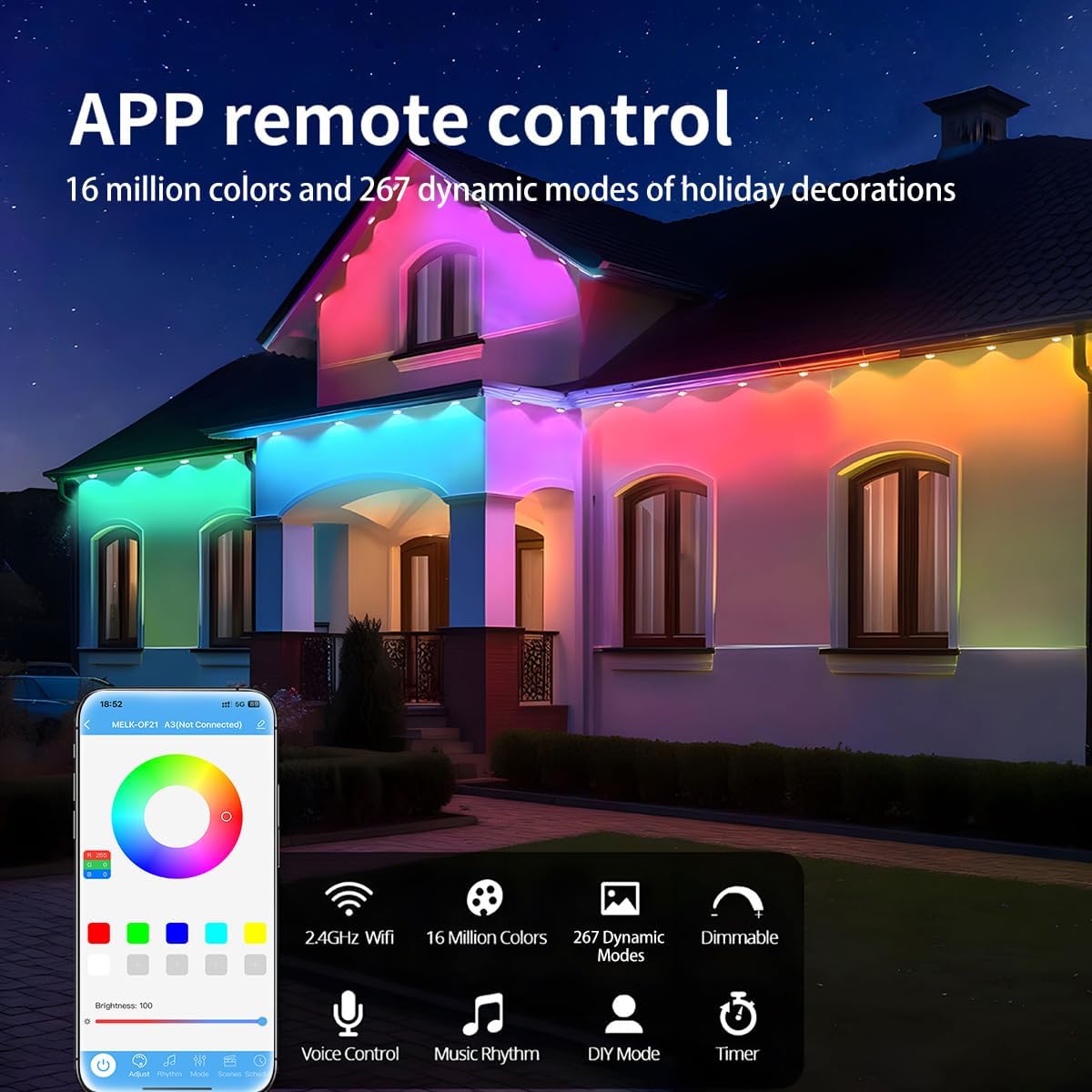 100FT Permanent Outdoor Lights, Smart RGB+IC Eaves Lights with App/Remote Control, Hundreds of Dynamic Style Modes and Scene Modes, IP67