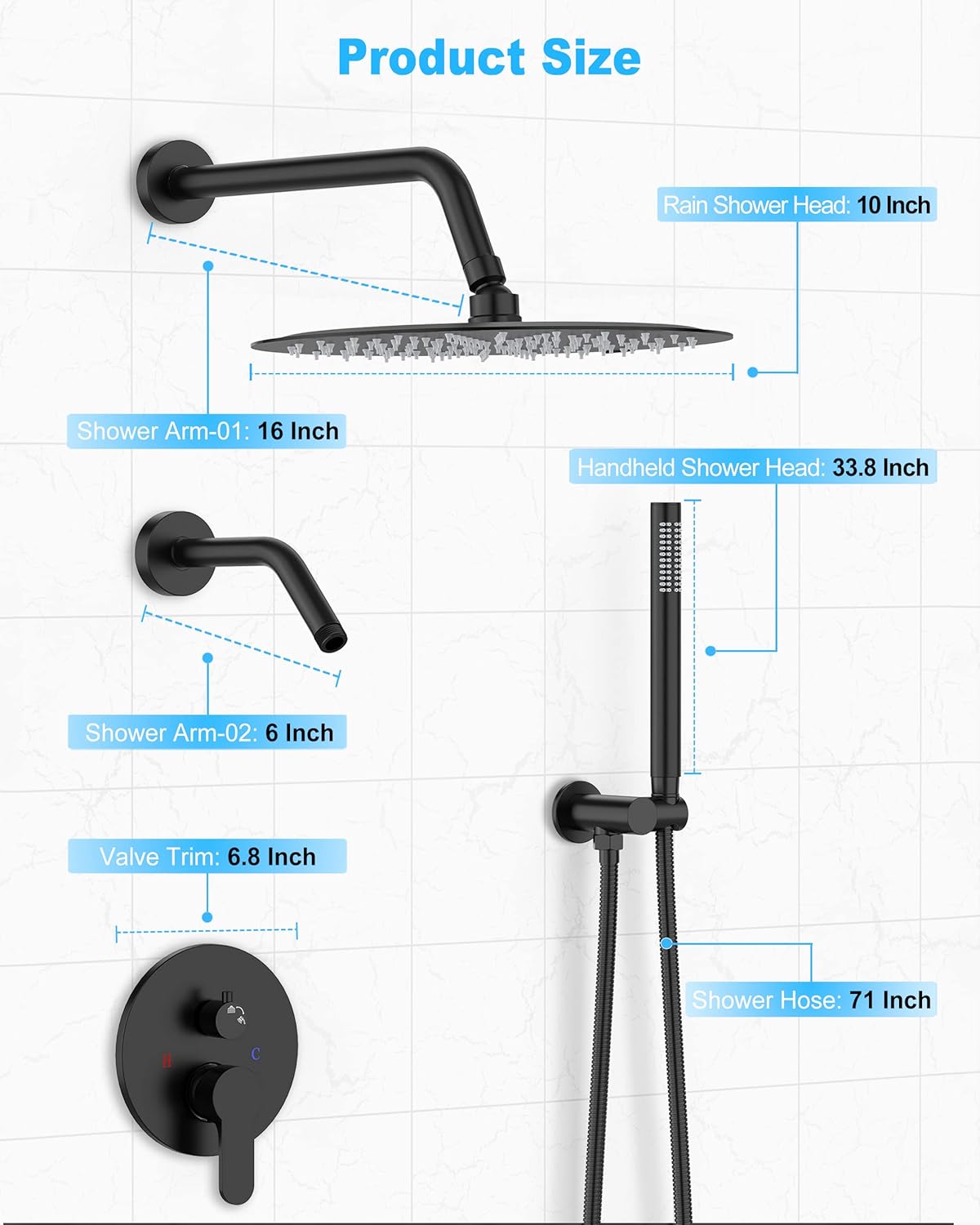 EMBATHER Black Shower Faucets Sets - Overhead Metal Rain Head Shower System with High Pressure Handheld Complete Combo and Mixer Valve Trim Kit -