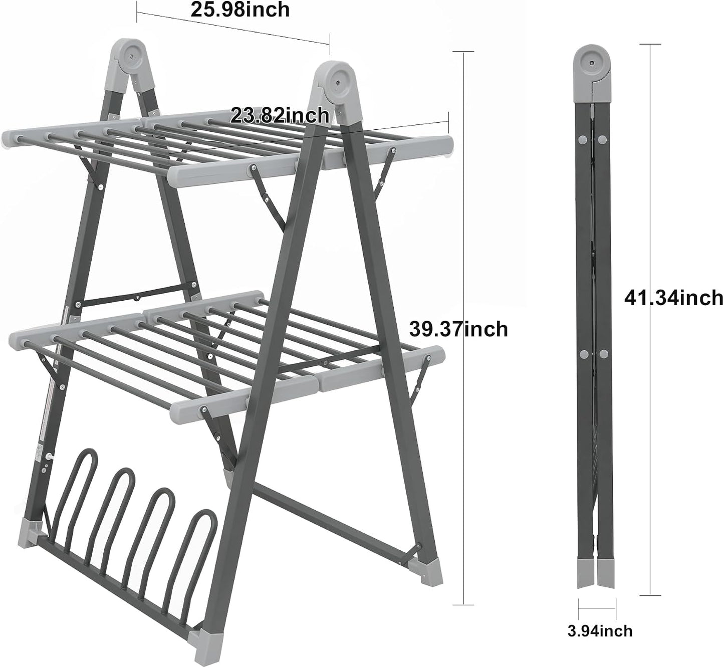 Electric Heated Clothes Drying Rack,Foldable Heated Garment Dryer with Timer Shut-Off Laundry Rack for Clothes Shoes Socks,Aluminum Alloy,Space Gray,Plug & Play,(39.37x25.98x23.82in)