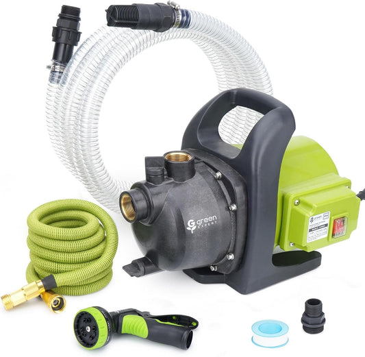 Green Expert 1HP Shallow Well Pump with Hose Kit Household Irrigation System Includes Jet Pump 13FT Inlet Hose 25FT Expan