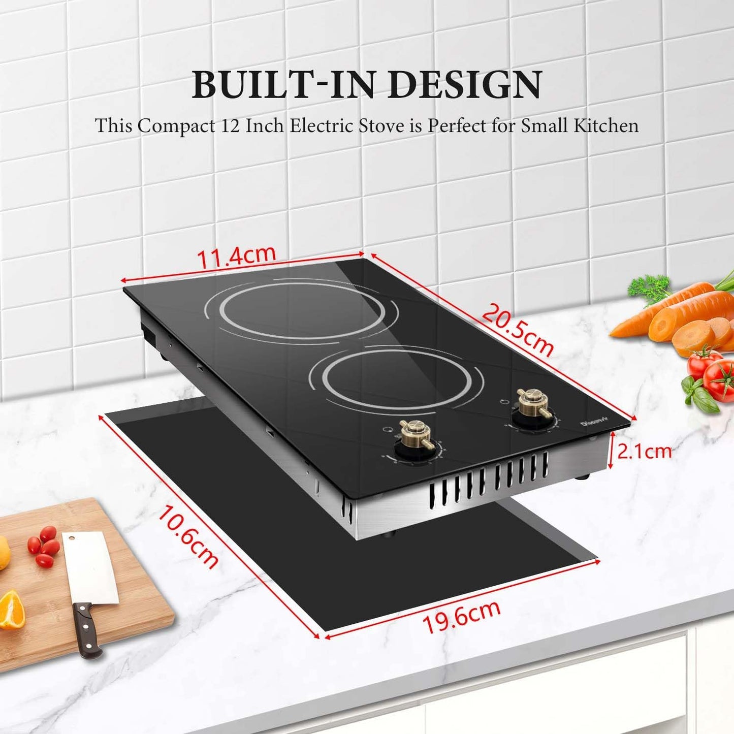 2 Burner Electric Cooktop - 12 Inch Electric Stove Top 3000W, 220V Drop-in Ceramic Cook Top with Retro Knob, 9 Power Heating Level, 220-240V Hard