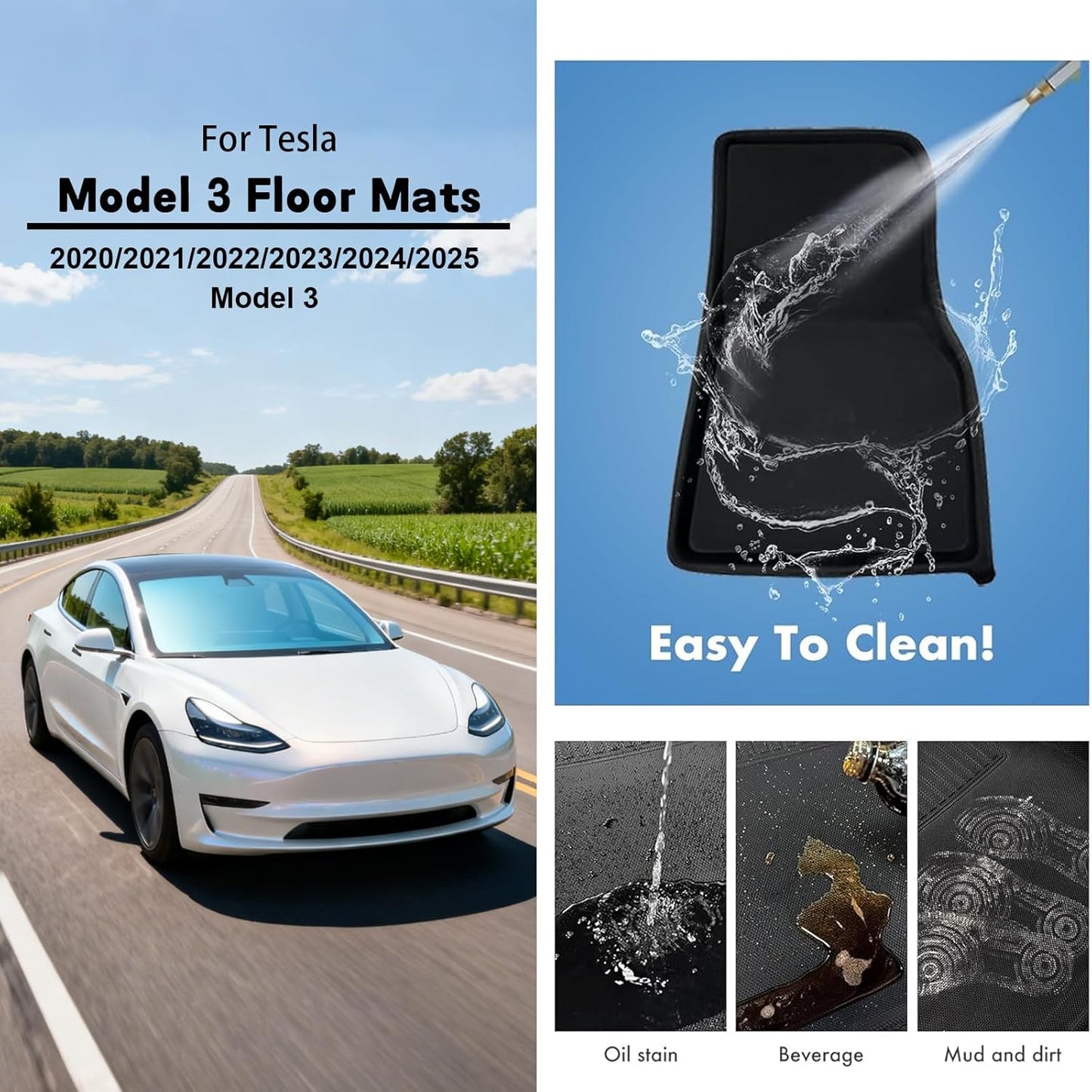 Floor Mats for Tesla Model 3 2020 2021 2022 2023 2024 2025 Highland Premium TPE All-Weather with High Edges,1st & 2nd Row Waterproof Anti-Slip Car Accessories, Pedal Safe Design, Easy to Clean.