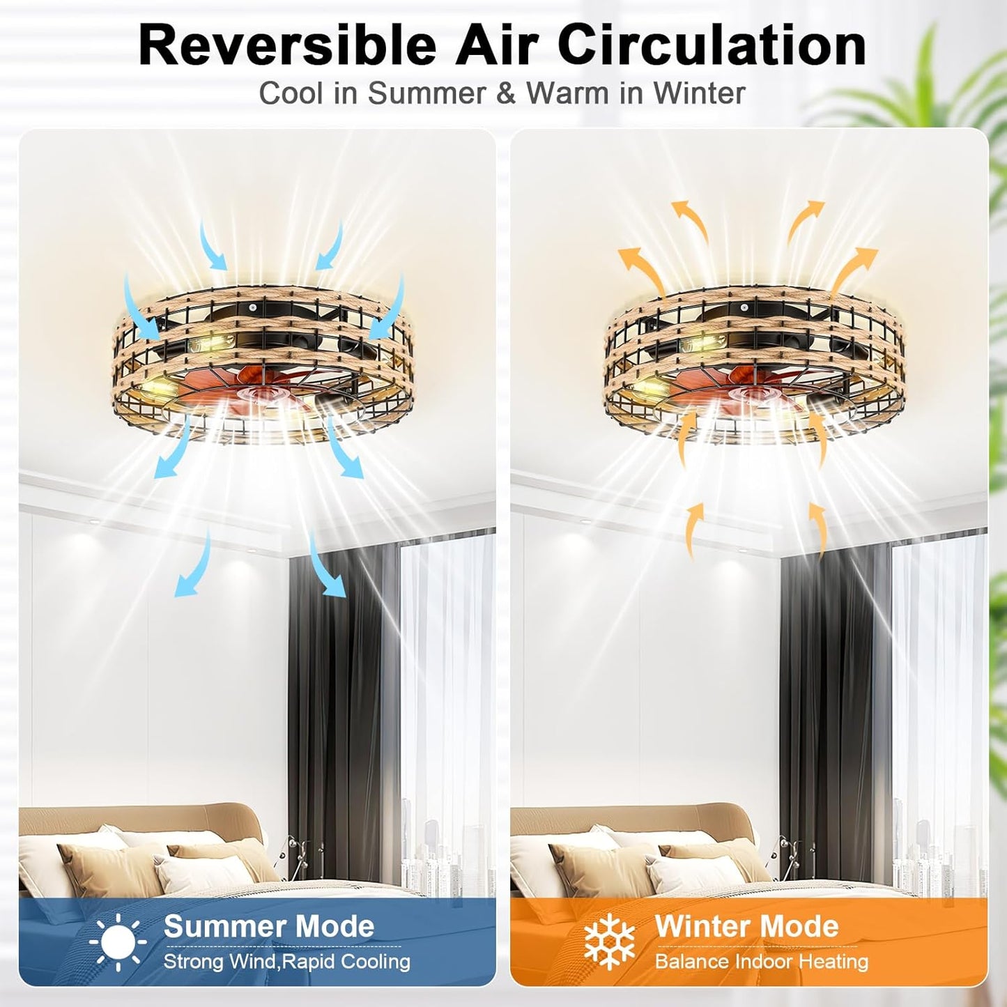Low Profile Flush Mount Fandelier, Caged Ceiling Fan with Remote, Black Bladeless Enclosed Small Ceiling Fan Lights Fixtures for Bedroom Farmhouse (Rattan)